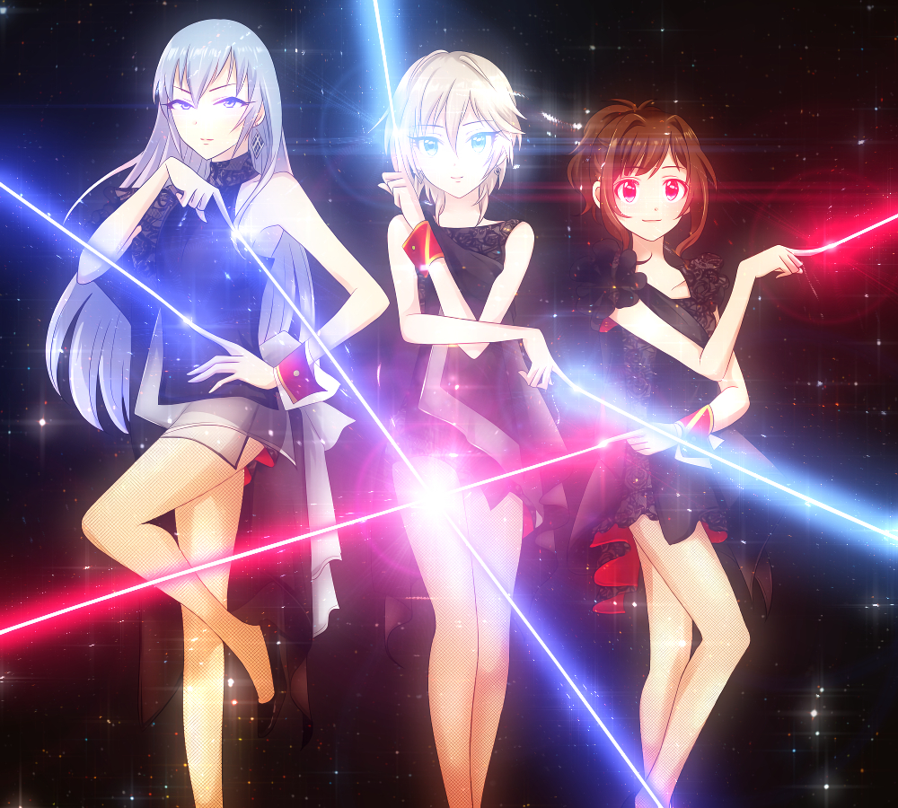 Dressed in sleek black dresses with red accents, Noa, Anastasia, and Miku pose in deep space, pointing their index fingers in various directions and shooting beams of energy from them.  Noa's are royal blue, Anastasia's are icy blue, and Miku's are crimson--their eyes are glowing the same colors.